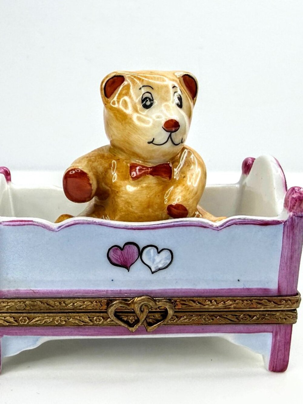 Vintage Parry Vielle Limoges France Teddy Bear Crib Hinged Trinket Box A1065